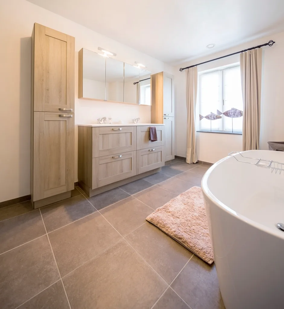 Timber vanity with a tiled floor