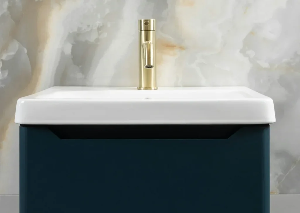 Large-format tile behind the vanity